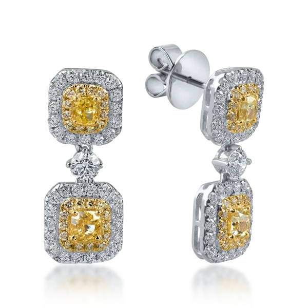 Cercei din aur alb-galben cu diamante galbene de 1.58ct si diamante incolore de 0.75ct