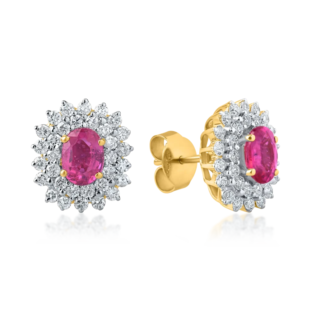 Cercei din aur alb-galben cu rubine ovale si diamante de 3.4ct