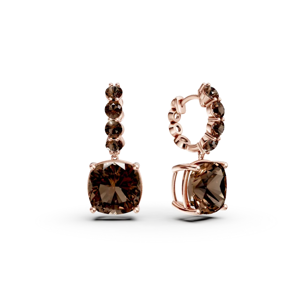 Cercei din aur roz cu cuart fumuriu cushion si rotunde de 8.75ct