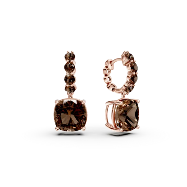 Cercei din aur roz cu cuart fumuriu cushion si rotunde de 8.75ct