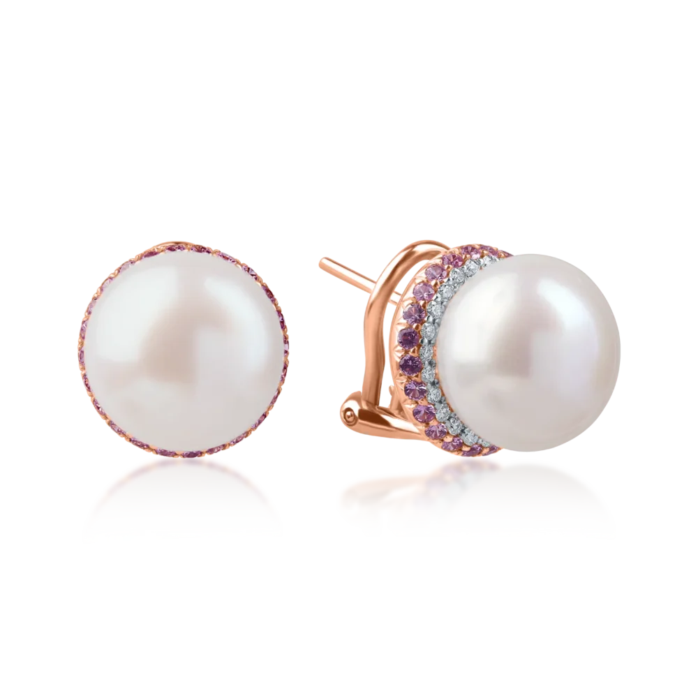 Cercei din aur roz cu perle de cultura si pietre pretioase de 0.8ct