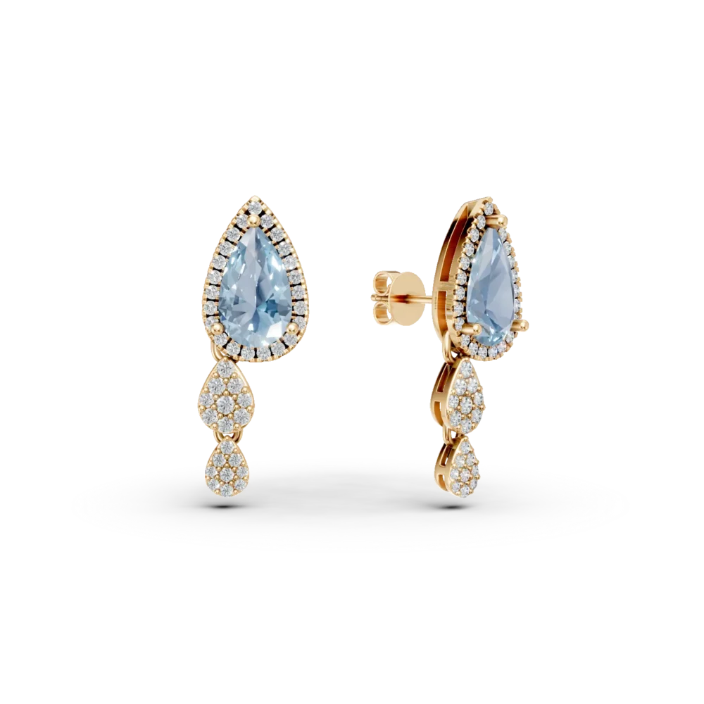 Cercei geometrici din aur galben cu topaze albastre pear de 3ct si diamante round de 0.6ct