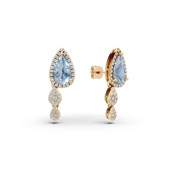 Cercei geometrici din aur galben cu topaze albastre pear de 3ct si diamante round de 0.6ct