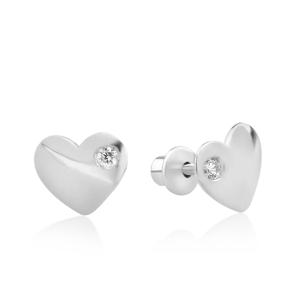 Cercei pentru copii cu inimioare din aur alb cu diamante de 0.04ct