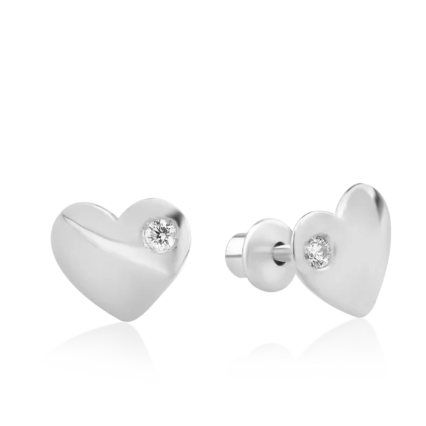 Cercei pentru copii cu inimioare din aur alb cu diamante de 0.04ct