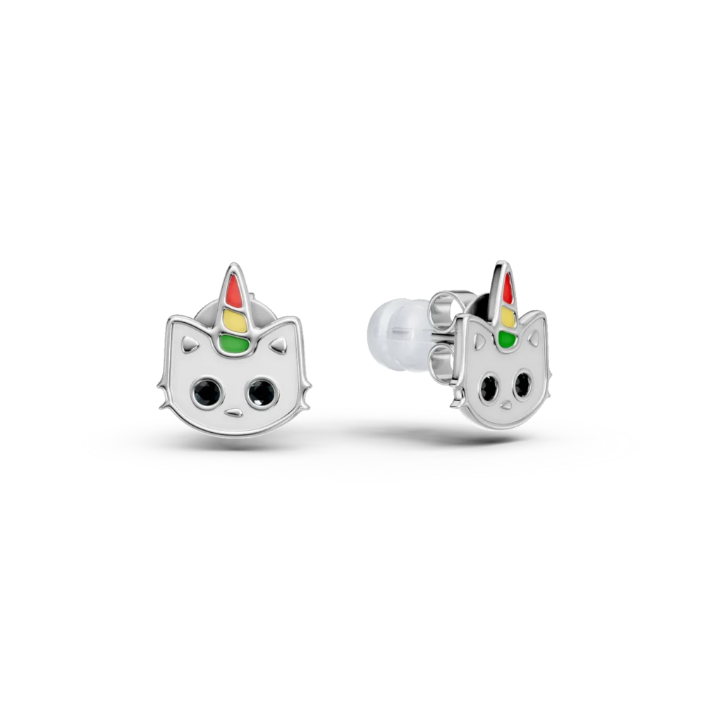 Cercei pisici din aur alb cu diamante negre de 0.02ct pentru copii