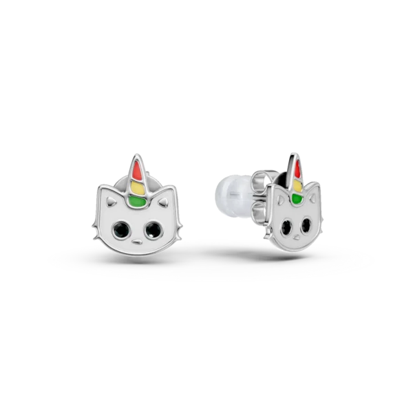Cercei pisici din aur alb cu diamante negre de 0.02ct pentru copii