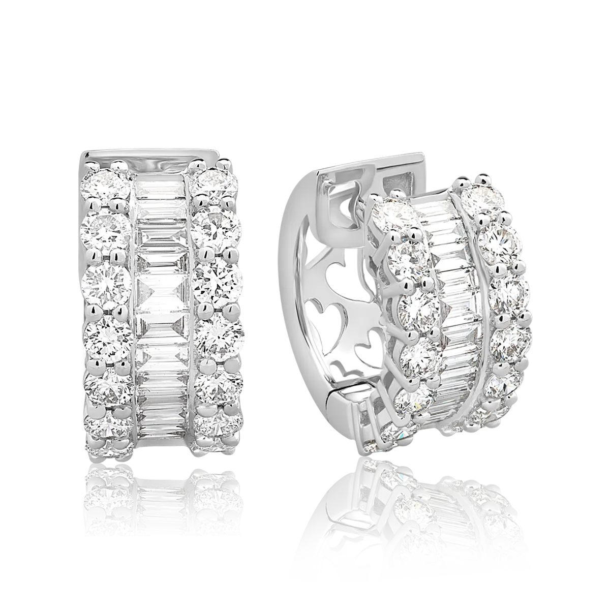 Cercei din aur alb cu diamante baguette si rotunde microsetting de 1.5ct - imagine 2