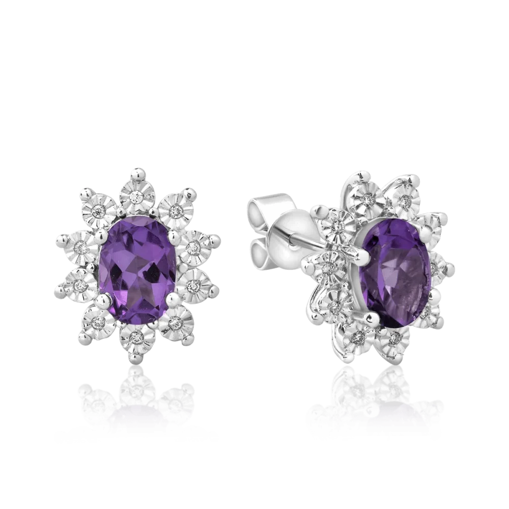 Cercei din aur alb cu ametiste ovale de 1.44ct si diamante de 0.05ct