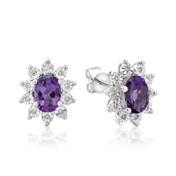 Cercei din aur alb cu ametiste ovale de 1.44ct si diamante de 0.05ct