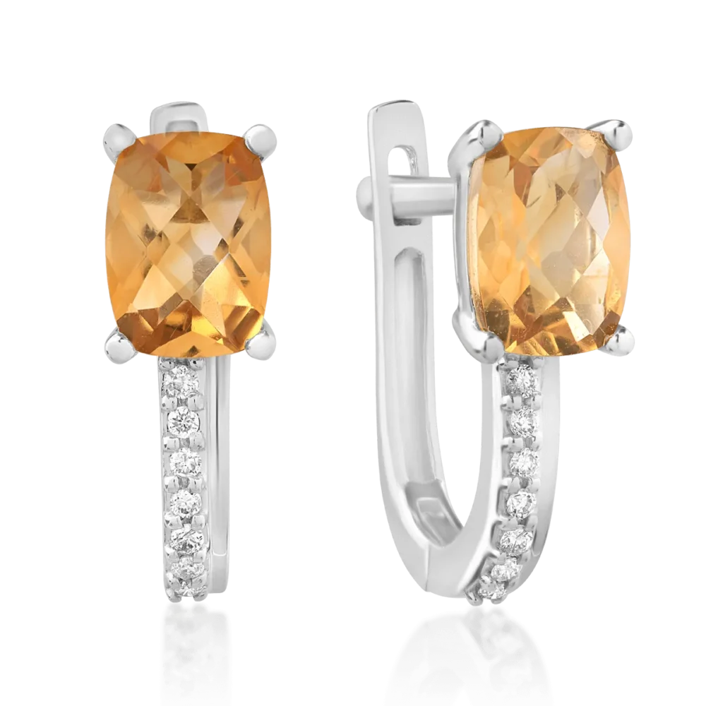 Cercei din aur alb cu citrine rectangulare de 1.606ct si diamante de 0.065ct