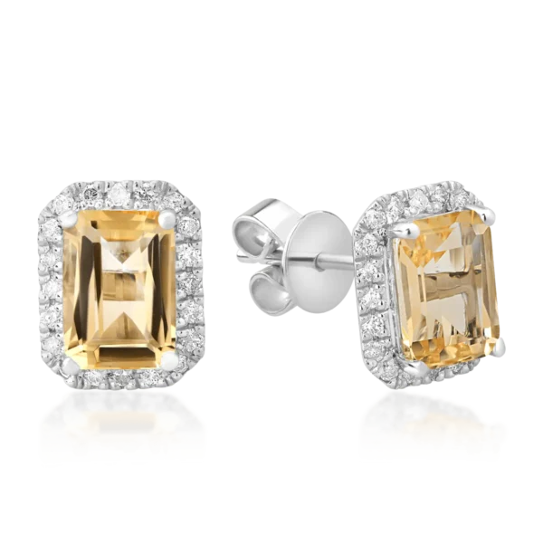 Cercei din aur alb cu citrine emerald de 1.73ct si diamante de 0.24ct