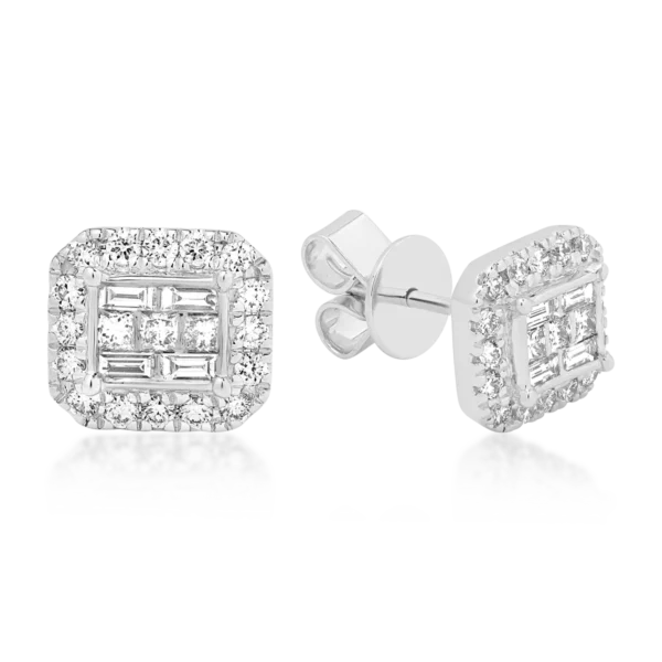 Cercei din aur alb cu diamante baguette, princess si rotunde de 0.64ct