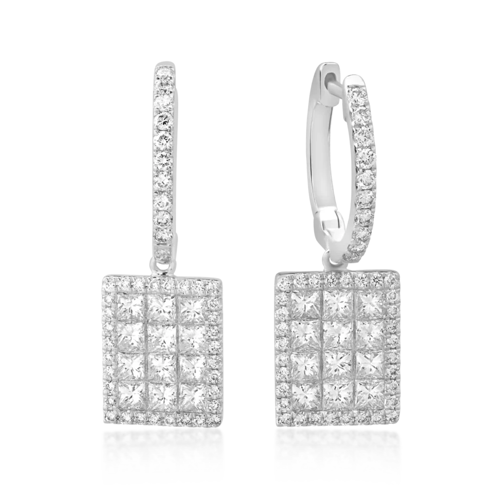 Cercei din aur alb cu diamante princess si rotunde de 1.39ct