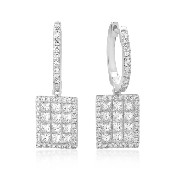 Cercei din aur alb cu diamante princess si rotunde de 1.39ct