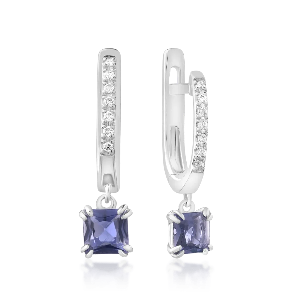 Cercei din aur alb cu iolite princess de 0.55ct si diamante de 0.06ct