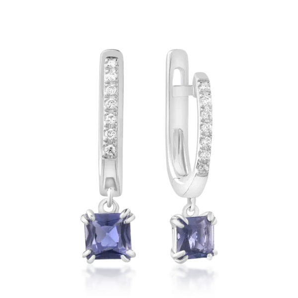 Cercei din aur alb cu iolite princess de 0.55ct si diamante de 0.06ct
