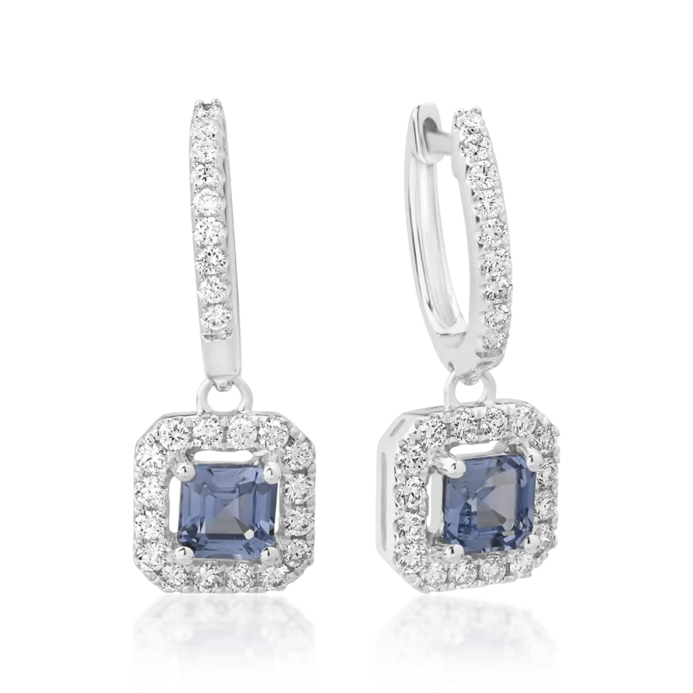 Cercei din aur alb cu safire octogonale de 1ct si diamante de 0.5ct