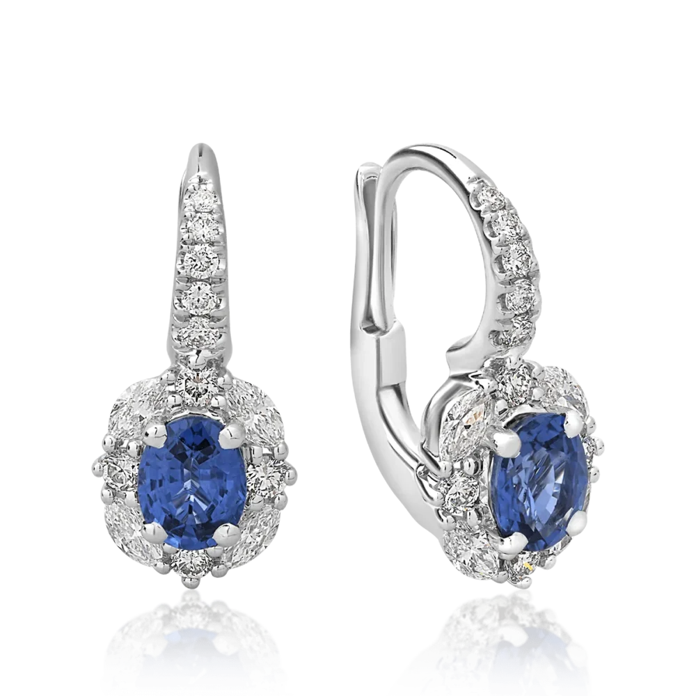 Cercei din aur alb cu safire pear de 1.23ct si diamante de 0.38ct