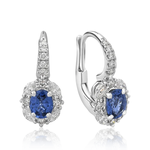 Cercei din aur alb cu safire pear de 1.23ct si diamante de 0.38ct