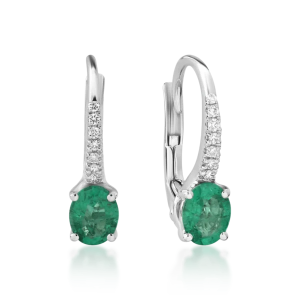 Cercei din aur alb cu smaralde ovale de 0.52ct si diamante de 0.06ct