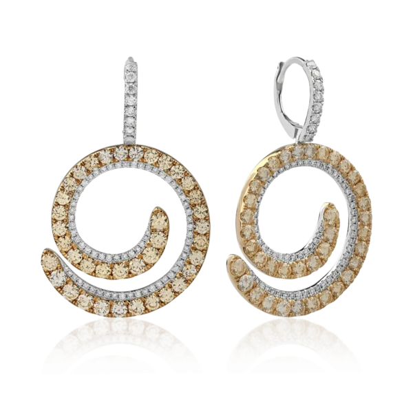 Cercei din aur alb-galben cu diamante galbene de 3.64ct si diamante transparente de 0.86ct