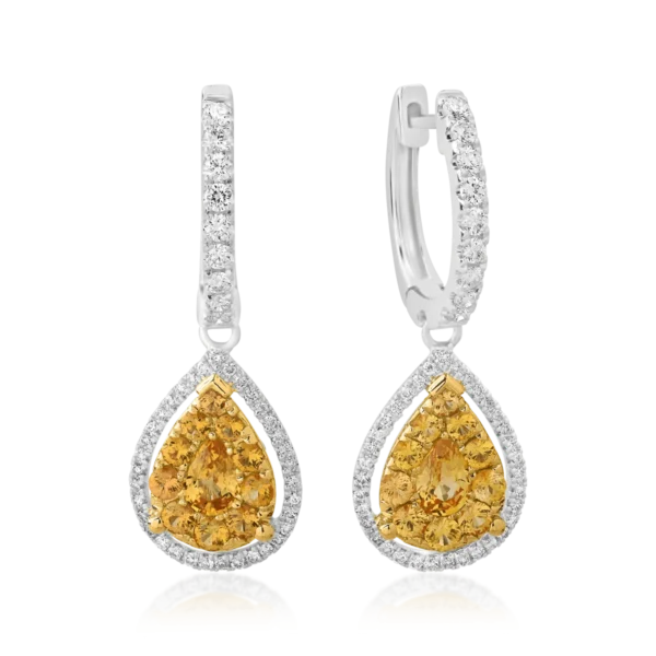 Cercei din aur alb-galben cu safire galbene pear si rotunde de 1.04ct si diamante de 0.41ct