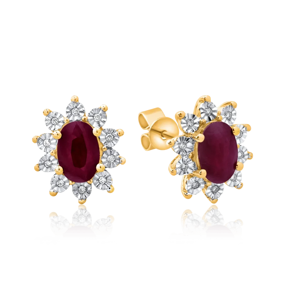 Cercei din aur galben cu rubine ovale de 1.79ct si diamante de 0.06ct