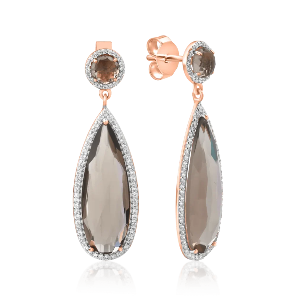 Cercei din aur roz cu quartz fumurii de 12.38ct si diamante de 0.585ct