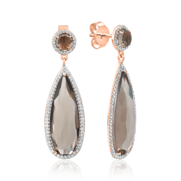 Cercei din aur roz cu quartz fumurii de 12.38ct si diamante de 0.585ct