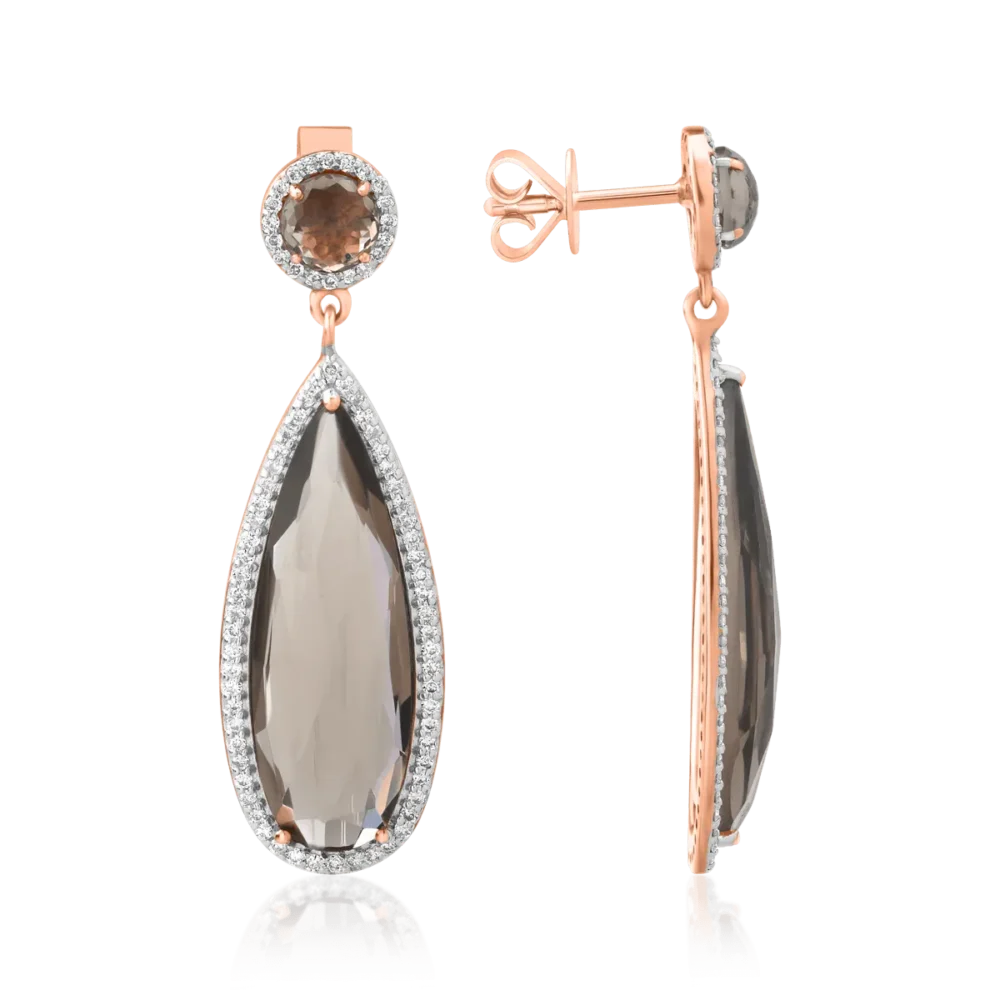 Cercei din aur roz cu quartz fumurii de 12.38ct si diamante de 0.585ct - imagine 3