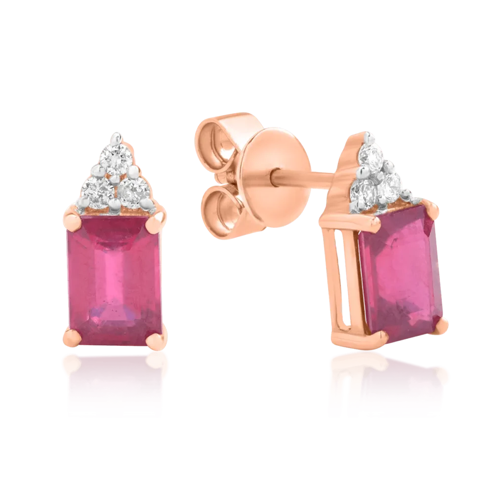 Cercei din aur roz cu rubine octogonale de 2.88ct si diamante de 0.13ct