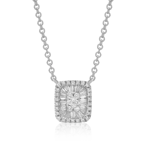 Lant cu pandantiv din aur alb cu diamante baguette si rotunde de 0.21ct