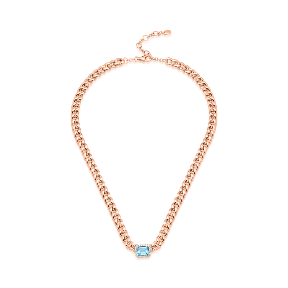 Colier din aur roz cu topaz albastru emerald de 1.92ct si diamante de 0.21ct