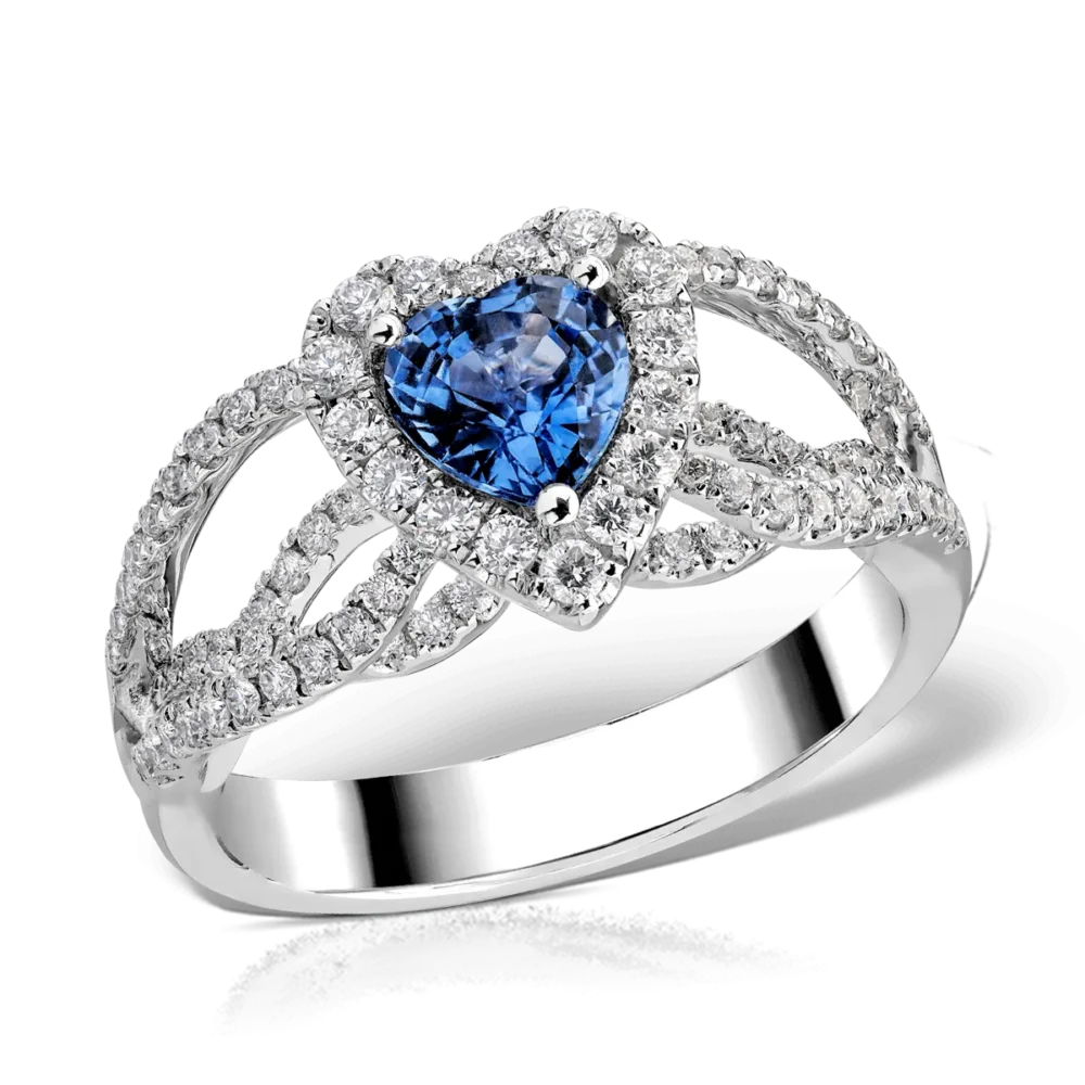 Inel de logodna din aur alb cu safir heart de 1.1ct si diamante de 0.7ct