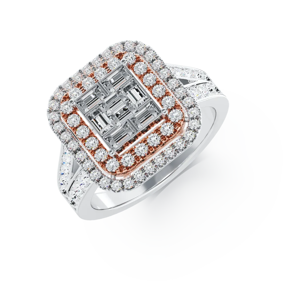 Inel de logodna din aur alb-roz cu diamante baguette si rotunde de 0.8ct