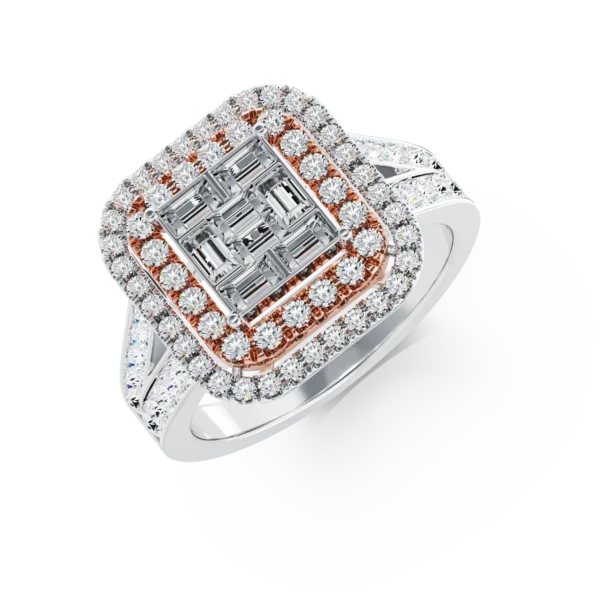 Inel de logodna din aur alb-roz cu diamante baguette si rotunde de 0.8ct