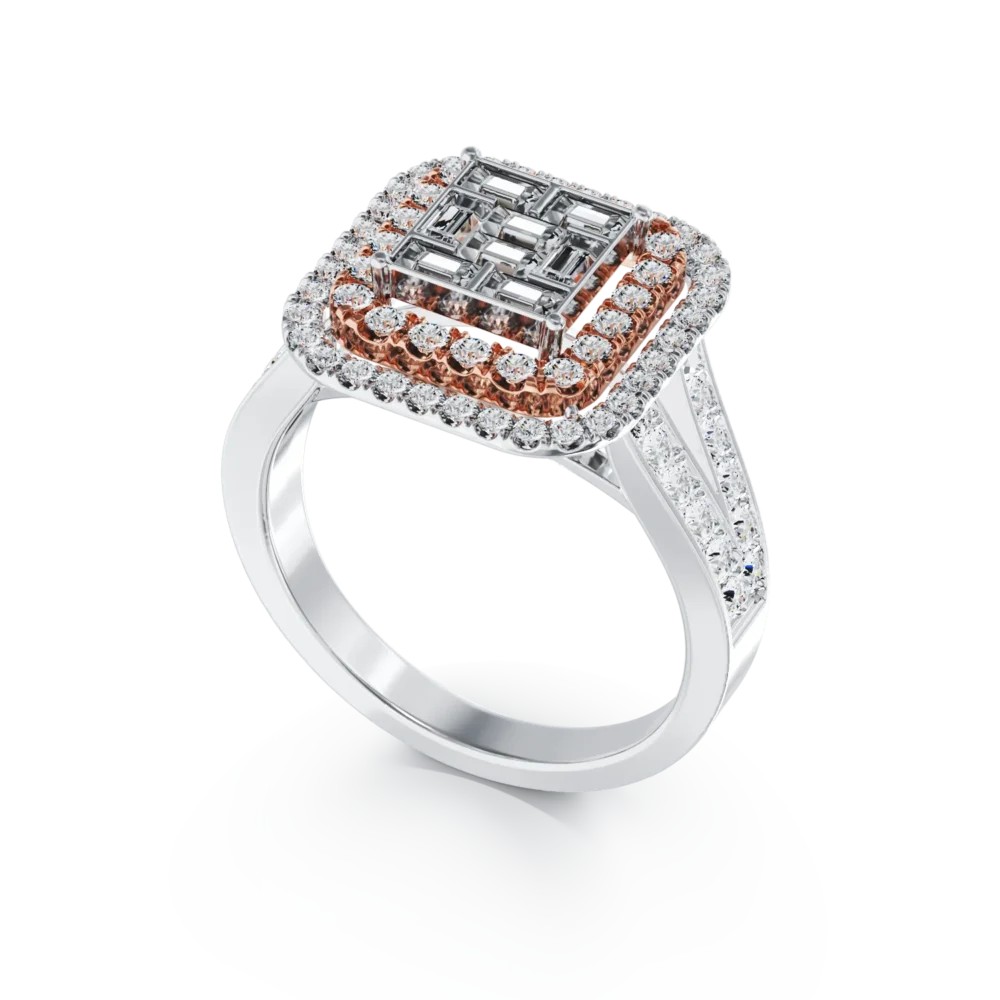 Inel de logodna din aur alb-roz cu diamante baguette si rotunde de 0.8ct - imagine 2