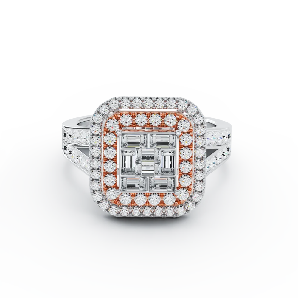 Inel de logodna din aur alb-roz cu diamante baguette si rotunde de 0.8ct - imagine 3