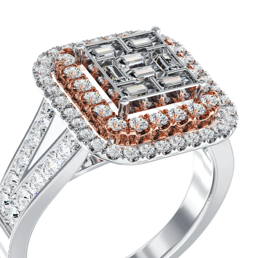 Inel de logodna din aur alb-roz cu diamante baguette si rotunde de 0.8ct - imagine 4