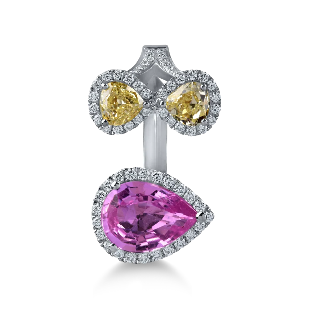 Inel deschis din aur alb cu safir roz pear si diamante galbene si incolore de 2.6ct - imagine 2