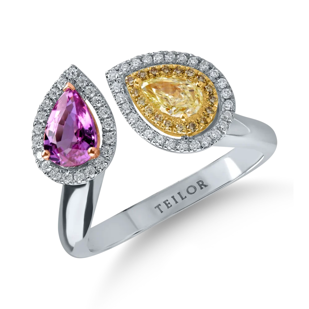 Inel deschis din aur alb cu diamant fancy galben pear de 0.3ct, safir roz de 0.8ct si diamante galbene si incolore de 0.1ct