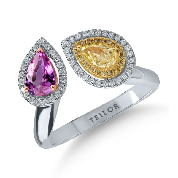 Inel deschis din aur alb cu diamant fancy galben pear de 0.3ct, safir roz de 0.8ct si diamante galbene si incolore de 0.1ct