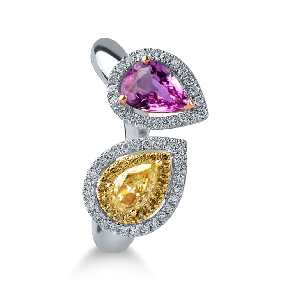 Inel deschis din aur alb cu diamant fancy galben pear de 0.3ct, safir roz de 0.8ct si diamante galbene si incolore de 0.1ct - imagine 2
