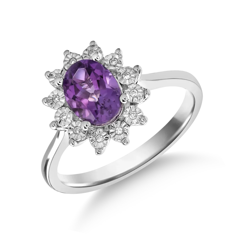 Inel din aur alb cu ametist oval de 1ct si diamante de 0.03ct