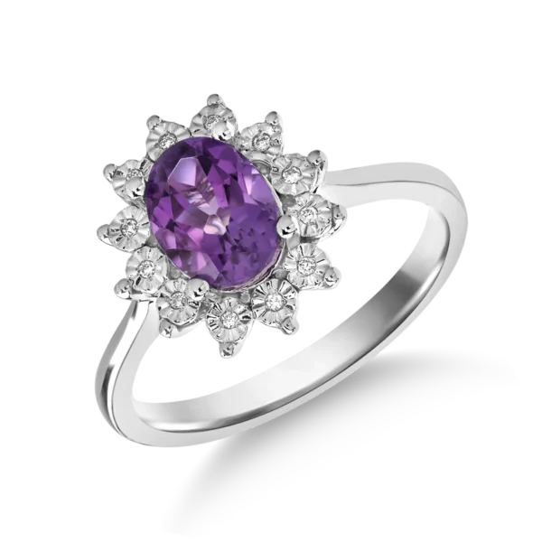 Inel din aur alb cu ametist oval de 1ct si diamante de 0.03ct