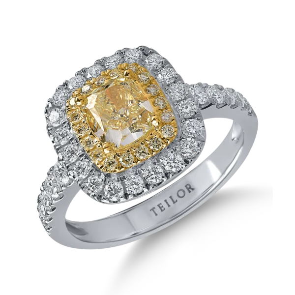 Inel din aur alb-galben cu diamante galbene de 1.15ct si diamante transparente de 0.66ct