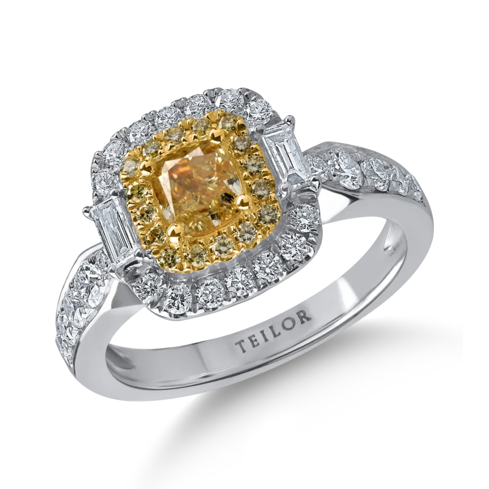 Inel din aur alb-galben cu diamante galbene rectangulare si rotunde si diamante incolore baguette si rotunde de 1.5ct
