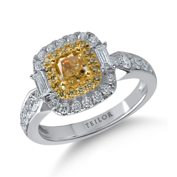 Inel din aur alb-galben cu diamante galbene rectangulare si rotunde si diamante incolore baguette si rotunde de 1.5ct
