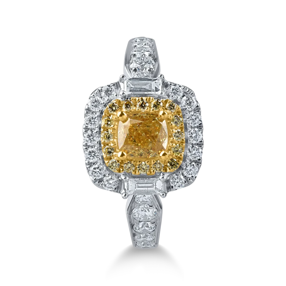 Inel din aur alb-galben cu diamante galbene rectangulare si rotunde si diamante incolore baguette si rotunde de 1.5ct - imagine 2